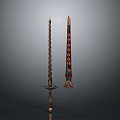 Ornate Decorative Swords With Intricate Patterns And Red Embellished Scabbard