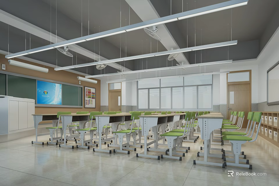 Bright Modern School Classroom With Green Chairs Desks Blackboard And Windows 3d model 