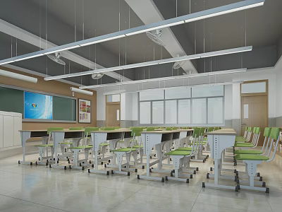 Bright Modern School Classroom With Green Chairs Desks Blackboard And Windows 3d model