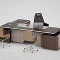 Contemporary Work Desk With Wooden Surface Metal Frame Ergonomic Chairs And Drawers