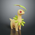 3D Game Character With Yellow Body Red Eyes Green Buds On Back And Head Leaf