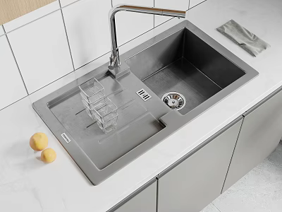 Modern Stainless Steel Kitchen Sink With Faucet Drying Rack And Lemons On Marble Countertop 3d model
