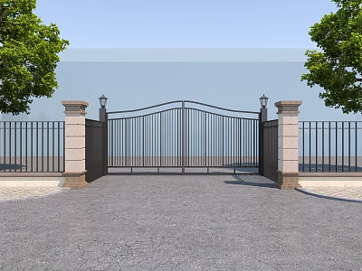 Wrought Iron Entrance Gate With Stone Pillars Lamp Posts Trees And Paved Driveway 3d model