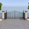 Wrought Iron Entrance Gate With Stone Pillars Lamp Posts Trees And Paved Driveway