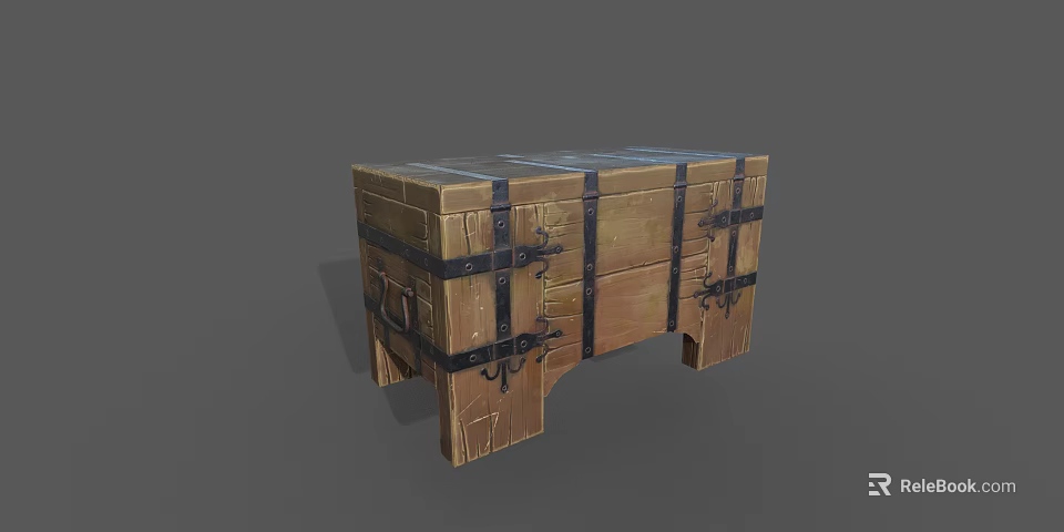 Vintage Wooden Chest of Drawers with Metal Straps and Carved Details 3d model 