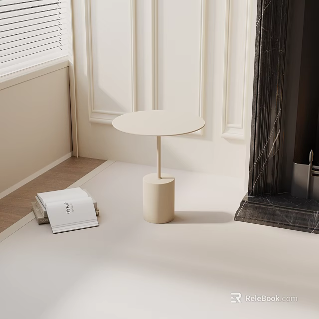 Minimalist Round Coffee Table With Beige Cylindrical Base By White Wall And Black Marble Fireplace 3d model 