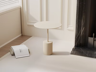 Minimalist Round Coffee Table With Beige Cylindrical Base By White Wall And Black Marble Fireplace 3d model