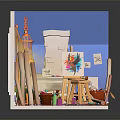 Art Studio Interior With Easel Paint Brushes Plants Birdcage And Window Curtains
