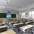 Bright School Classroom With Desks Chairs Blackboard Multimedia Screen Slogans And Windows