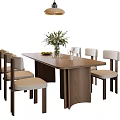 Modern Dining Table Set with Wooden Table Matching Chairs Vase with Flowers and Hanging Lamp
