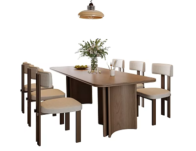 Modern Dining Table Set with Wooden Table Matching Chairs Vase with Flowers and Hanging Lamp 3d model