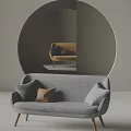Modern Gray Two-Seater Sofa Interior With Plush Pillows And Circular Backdrop 3d model