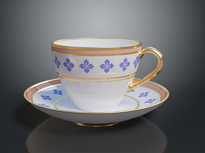 Elegant Porcelain Teacup With Saucer White Base Blue Floral Patterns And Gold Rim 3d model