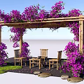Wooden Pergola Covered With Purple Flowers And Outdoor Seating With Stones