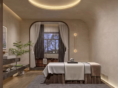 Serene SPA Sauna Interior with Massage Bed Wooden Elements Curtains Window Plant and Lighting 3d model