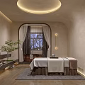 Serene SPA Sauna Interior with Massage Bed Wooden Elements Curtains Window Plant and Lighting