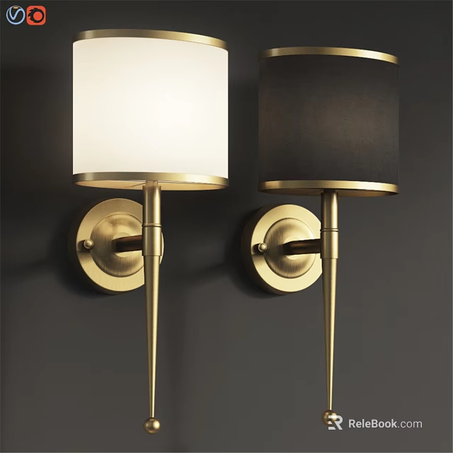 Modern Wall Lamps with White and Black Shades and Gold Brackets Mounted on Dark Wall 3d model 