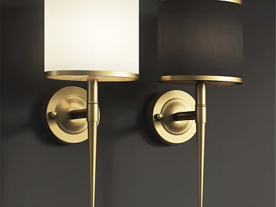 Modern Wall Lamps with White and Black Shades and Gold Brackets Mounted on Dark Wall 3d model