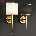 Modern Wall Lamps with White and Black Shades and Gold Brackets Mounted on Dark Wall