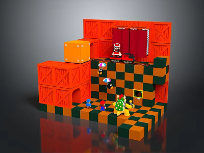 Futuristic Sci-Fi Scene with Orange Modules Red Energy Gates Checkered Floors and Alien Characters 3d model