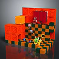 Futuristic Sci-Fi Scene with Orange Modules Red Energy Gates Checkered Floors and Alien Characters 3d model