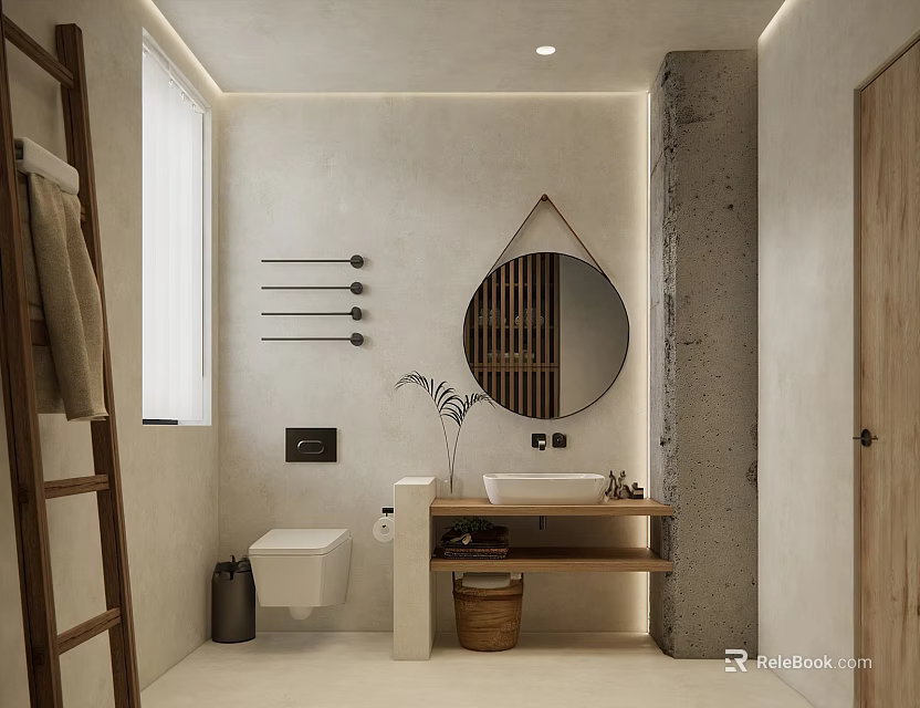 Modern Bathroom Interior With Round Mirror Wooden Vanity Towel Rack Storage Basket And Potted Plant 3d model 