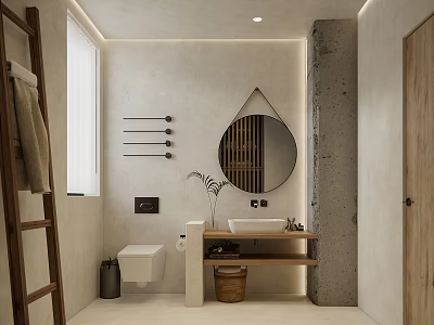 Modern Bathroom Interior With Round Mirror Wooden Vanity Towel Rack Storage Basket And Potted Plant 3d model