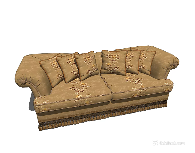 Brown Fabric Two Seater Sofa With Floral Patterned Cushions And Decorative Trim 3d model 
