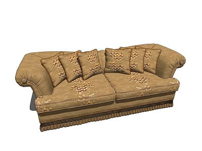 Brown Fabric Two Seater Sofa With Floral Patterned Cushions And Decorative Trim 3d model