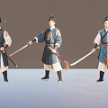 Three Ancient Warrior Game Film Characters In Traditional Blue Outfits Holding Swords And Whips