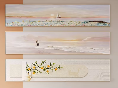 Photo Wall With Seaside Landscape Paintings Sailboat Sunset Figure Lemon Branch And Flowers 3d model