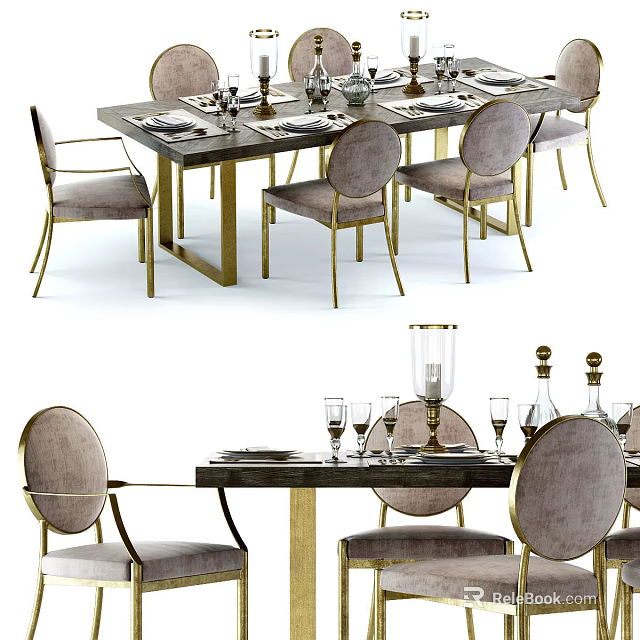 Elegant Dining Table Set With Upholstered Chairs Metal Legs And Tableware 3d model 