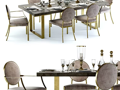 Elegant Dining Table Set With Upholstered Chairs Metal Legs And Tableware 3d model