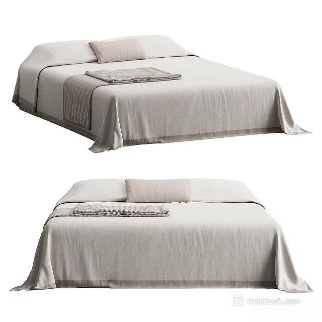 Double Bed With Cozy Light Colored Linen Sheets Pillows And Folded Blanket 3d model 