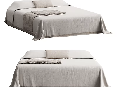 Double Bed With Cozy Light Colored Linen Sheets Pillows And Folded Blanket 3d model