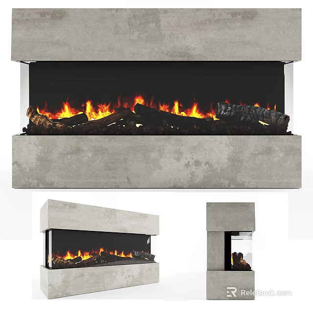 Modern Concrete Fireplace With Realistic Burning Flames And Different Angles 3d model 