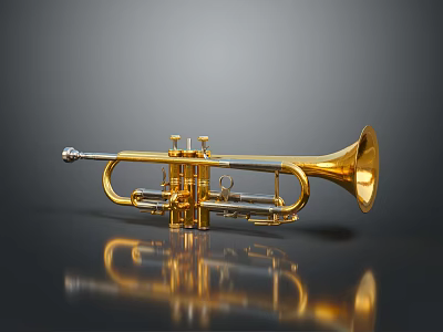 Golden Metallic Trumpet Displayed On Dark Background With Smooth Reflection 3d model