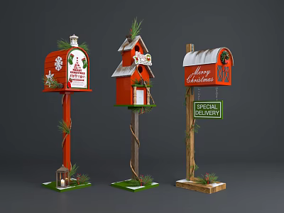 Christmas Themed Mailboxes Photo Check in Spot With Snowflakes Pine Decorations And Merry Christmas Signs 3d model