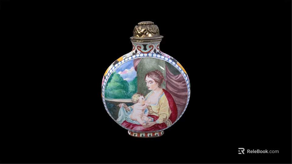 Decorative Ornament Set With Painted Woman And Child Figure Green Background Golden Top 3d model 
