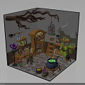 Wizard And Pet Bird In Magical Workshop With Cauldron Bookshelf Ladder And Plants