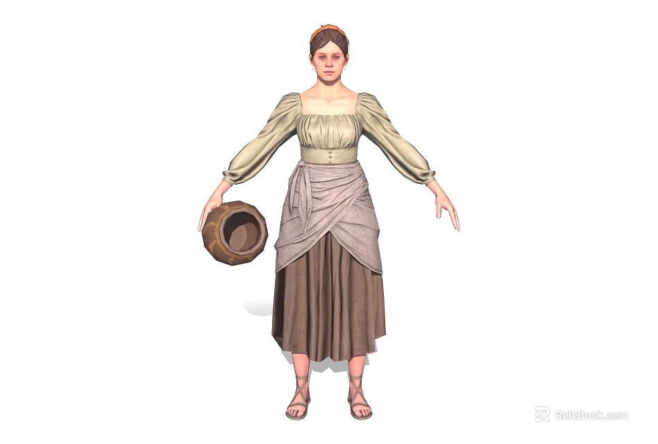 Woman in Traditional Beige Blouse and Brown Long Skirt Holding Woven Basket Wearing Sandals 3d model 