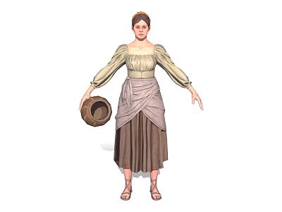 Woman in Traditional Beige Blouse and Brown Long Skirt Holding Woven Basket Wearing Sandals 3d model