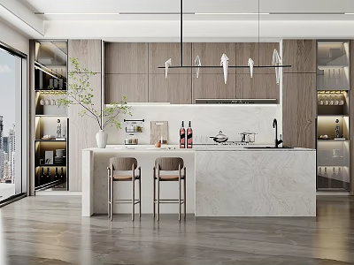 Modern Kitchen Interior With Marble Island Wooden Cabinets Hanging Pendant Lights And Bar Stools 3d model