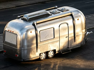Silver Functional Camping Trailer With Roof Rack Side Door Windows And Wheels 3d model