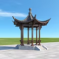 Traditional Chinese Garden Pavilion With Tile Roof Wooden Structure Green Lawn And Stone Pavement