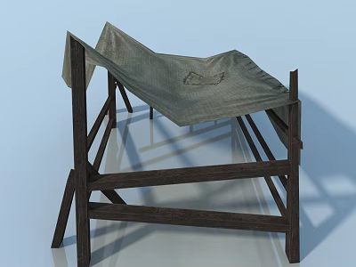 Wooden Swing Door with Cloth Cover on Wooden Frame and Light Blue Background 3d model