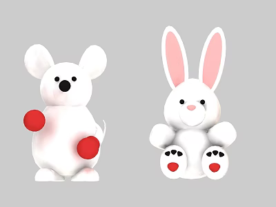 Cute White Plush Mouse And Rabbit Dolls With Red Balls And Paws 3d model