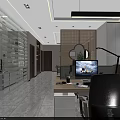 Modern Public Office Space Design With Long Wooden Desk Chairs Shelves And Decorative Items