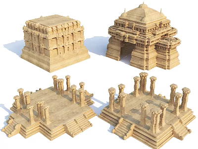 Cartoon Scenic Ancient Architecture Models With Sand Colored Temple Structures Columns And Steps 3d model