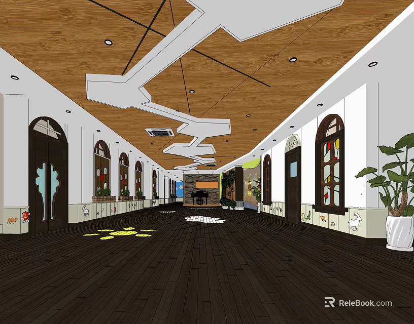 Modern Shop Front Desk With Wooden Ceiling Arched Doors Display Cabinets And Green Plants 3d model 